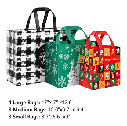 YANGTE 20 Pack Christmas Bags Assorted Sizes, Reusable Non-Woven Christmas Tote Bags with Handle, Perfect for Gift Wrap/Party Favor Supplies (4 Extra Large 8 Large 8 Medium)