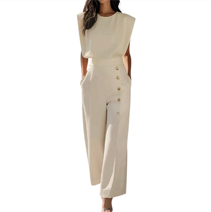 Freeacy Women's Elegant White Jumpsuit – Cap Sleeves, High Waist, Wide Leg One-Piece with Side Buttons