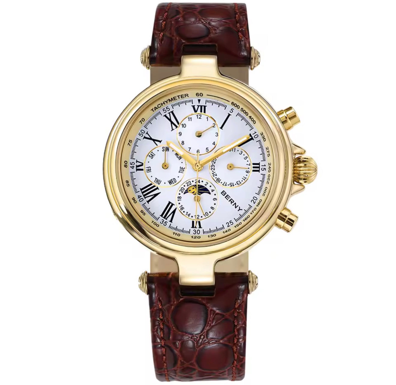 BERNY Retro Automatic Men's Watch Sun&Moon Phase Luminous ST1652 Classic Genuine Leather Luxury Mechanical Men's Dress Watches