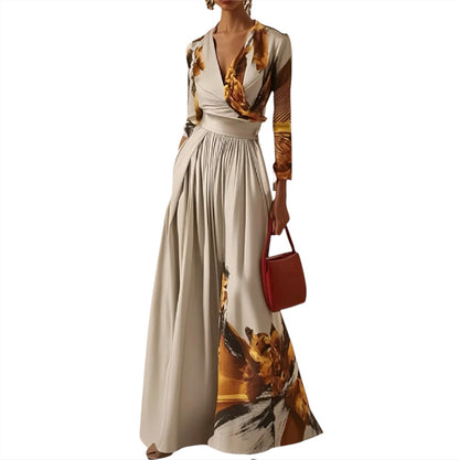 Freeacy Women's Elegant Printed One-Piece Jumpsuit – Deep V-Neck & Wide Leg Style