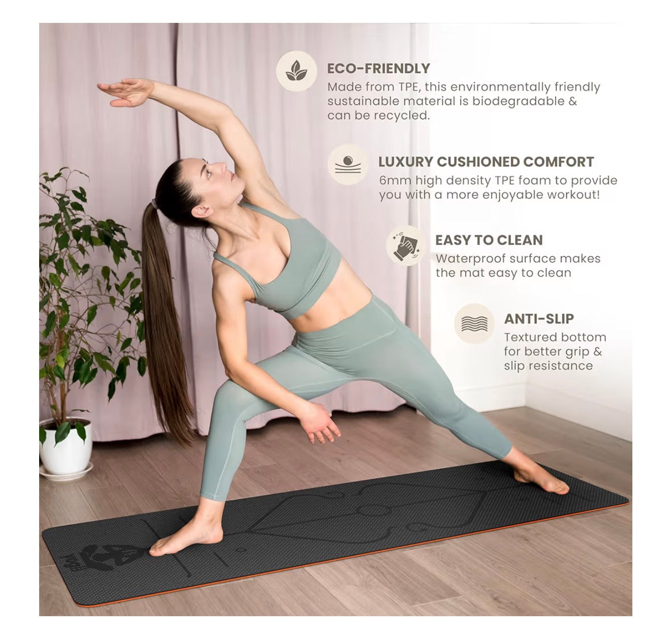 Yogii Yoga Mat - Non-Slip 6mm Thick TPE & Travel-friendly Yoga Mat - Perfect for Home & Gym Exercise Fitness & Pilates - With Laser Alignment Guides for Men & Women