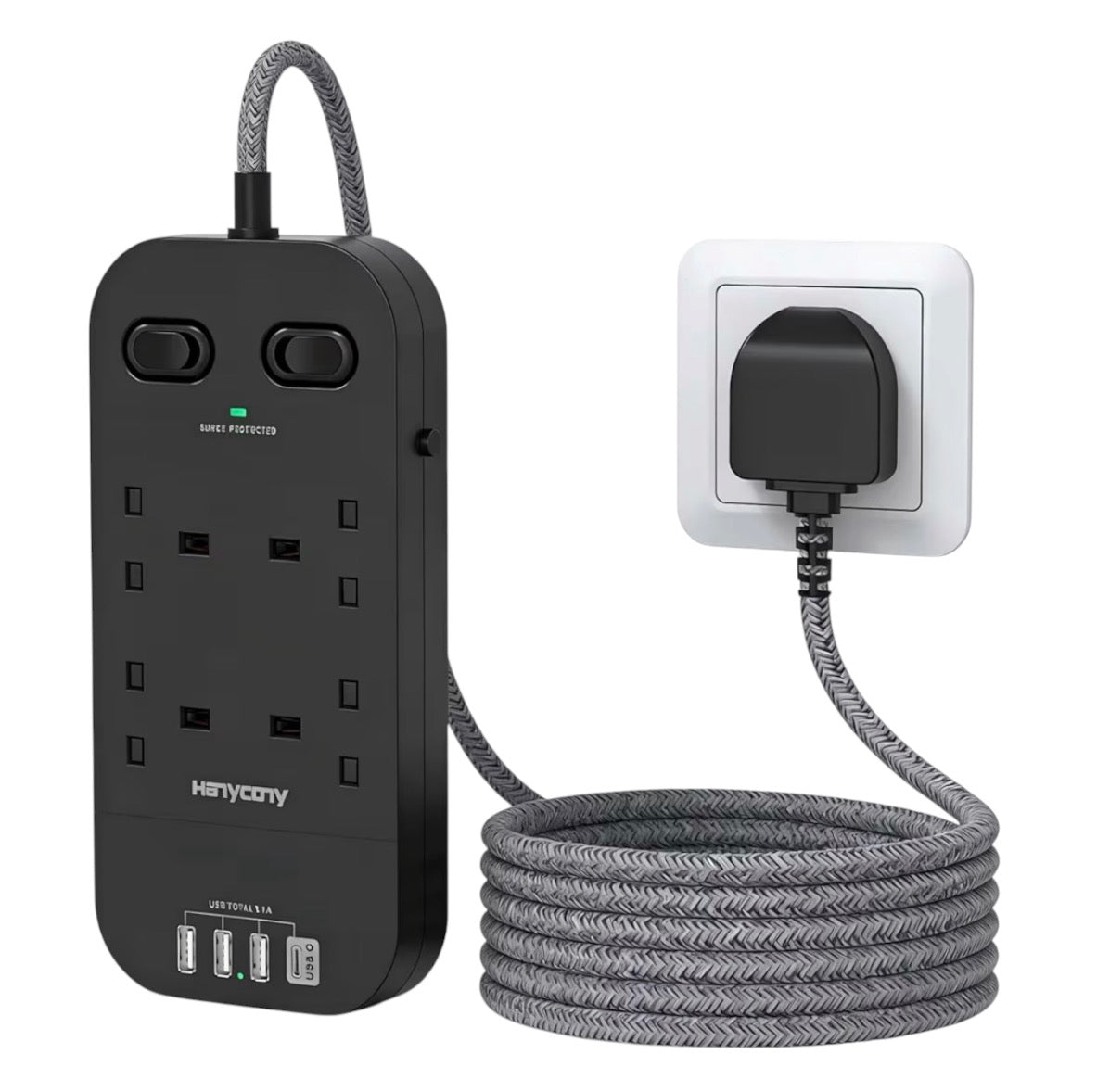4-Way Surge Protector Extension Lead 4 USB Ports 1.8M Braided Cable