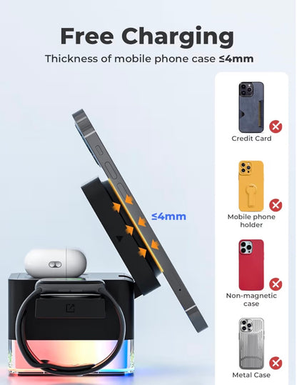 4 in 1 Wireless Charging Station for Apple with Night Light, Foldable 3 in 1 Iphone/Watch/AirPods Charger Stand 15W (6.8 * 6.8 * 6.8cm)
