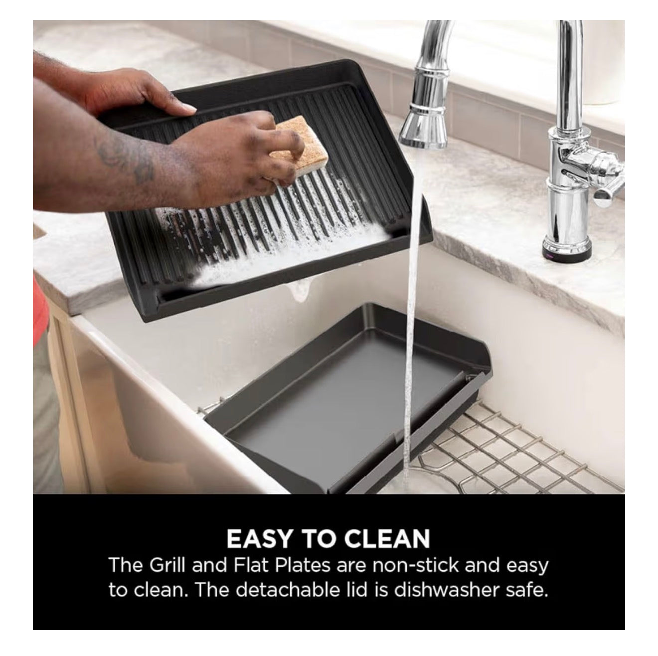 Sizzle Low Smoke Electric Indoor Grill & Flat Plate, 1460W, with Non-Stick Grill Plate & Flat Top Plate, Detachable Dishwasher Safe Lid, Grease Catch & Recipe Guide, Grey GR101UK