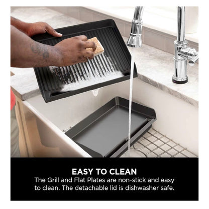 Sizzle Low Smoke Electric Indoor Grill & Flat Plate, 1460W, with Non-Stick Grill Plate & Flat Top Plate, Detachable Dishwasher Safe Lid, Grease Catch & Recipe Guide, Grey GR101UK
