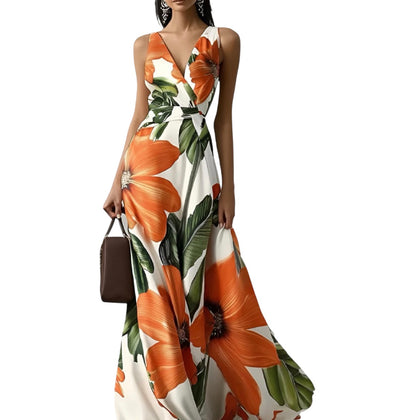 Freeacy Women's Elegant Printed One-Piece Jumpsuit – Deep V-Neck & Wide Leg Style