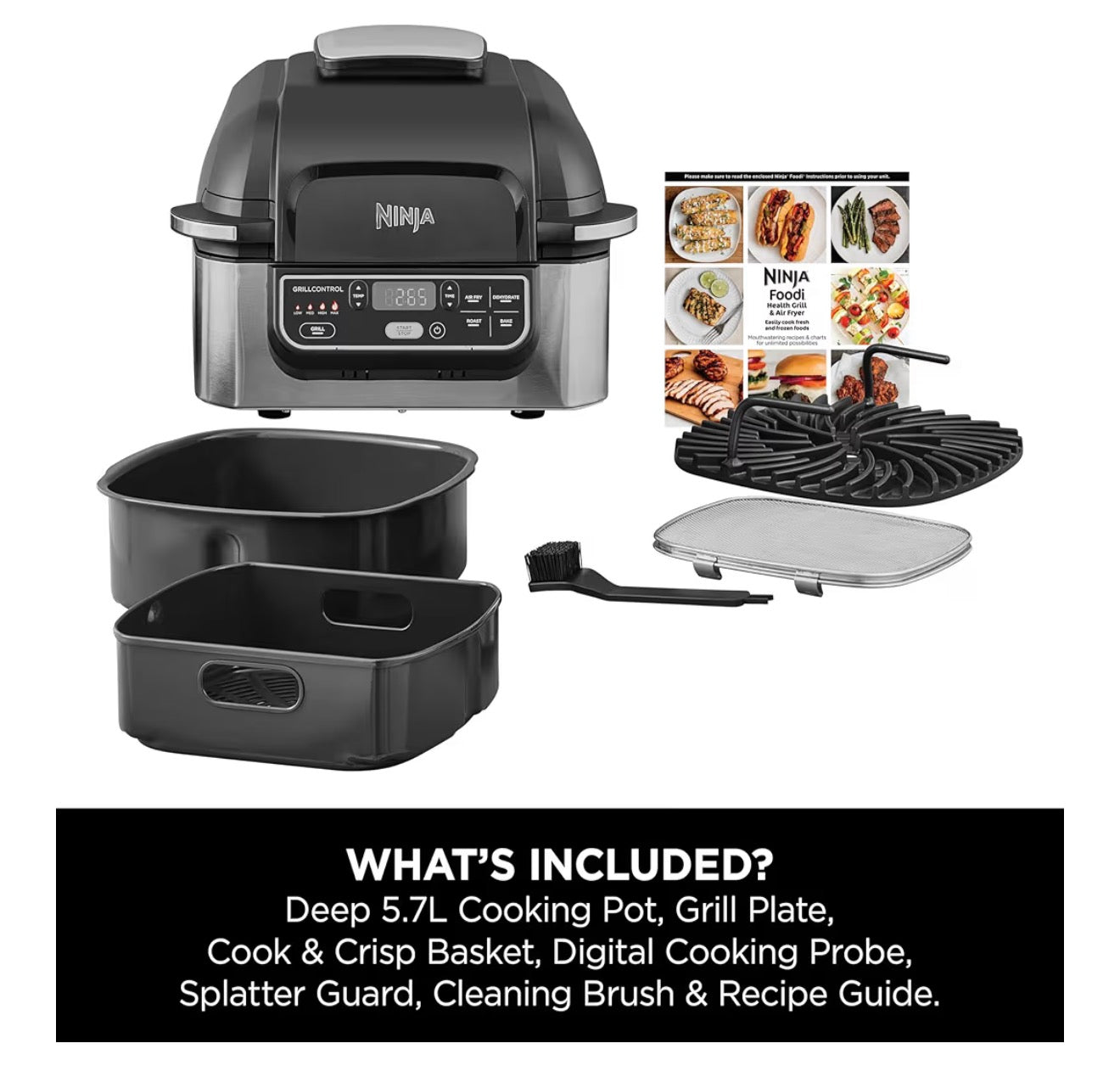 Foodi Health Grill & Air Fryer 5.7L with Cyclonic Air Technology, 5-in-1, Air Fry, Grill, Bake, Roast, Dehydrate, Dishwasher Safe Parts, Cleaning Brush, Black/Silver AG301UK