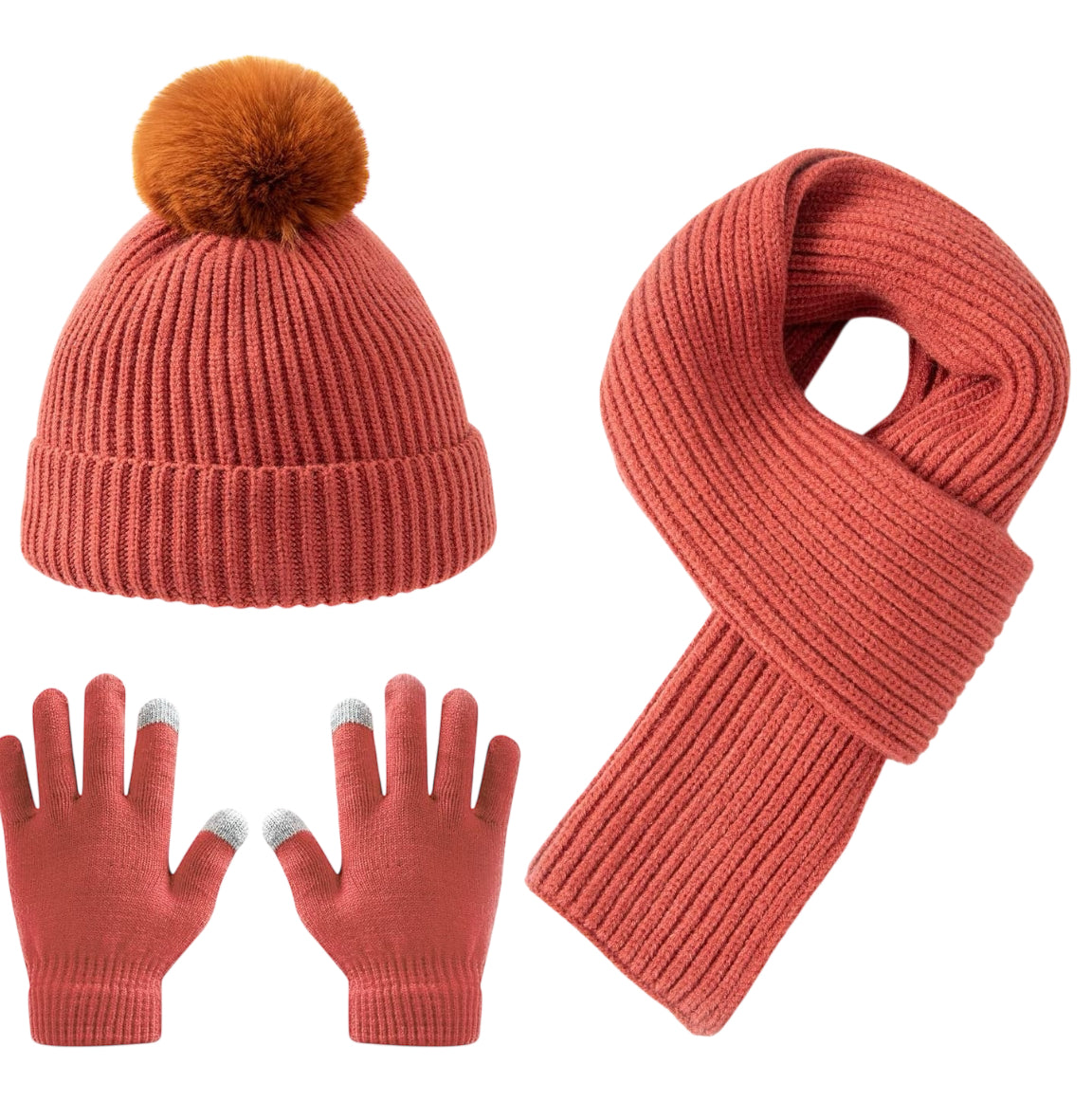 3Pcs Kids Hat Scarf and Snow Gloves Set, Winter Knit Warm Soft Pom-Pom Beanie Outdoor for Boys Girls and Toddlers