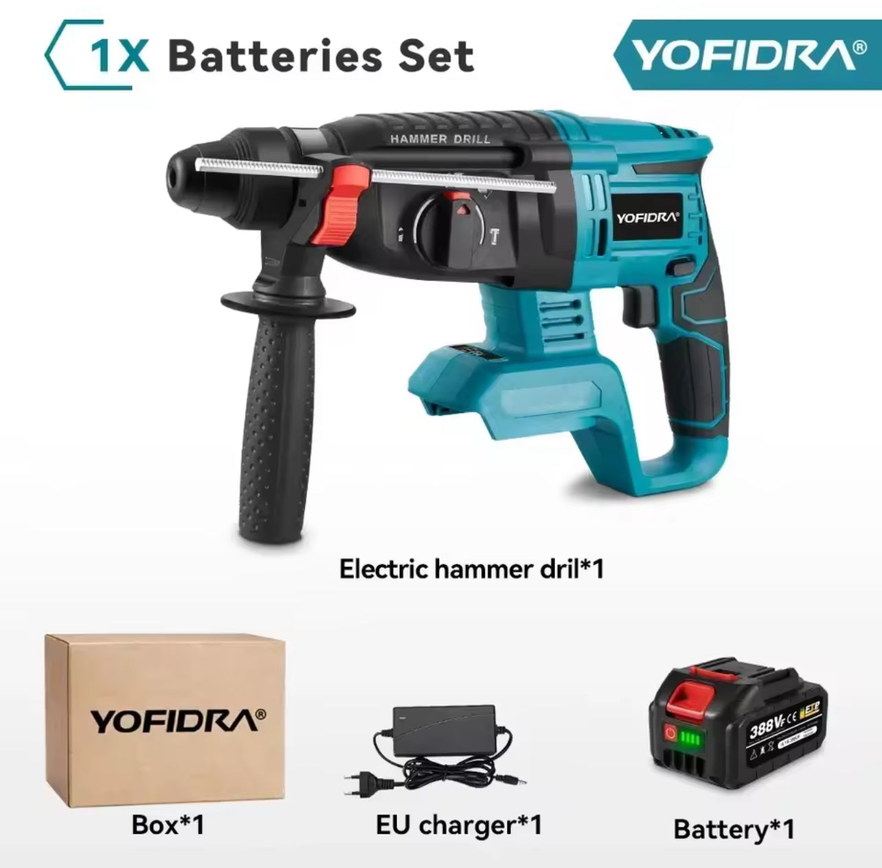 YOFIDRA 26mm Brushless Electric Hammer Drill – Cordless Multifunctional Rotary Tool, Rechargeable, Compatible with Makita Batteries
