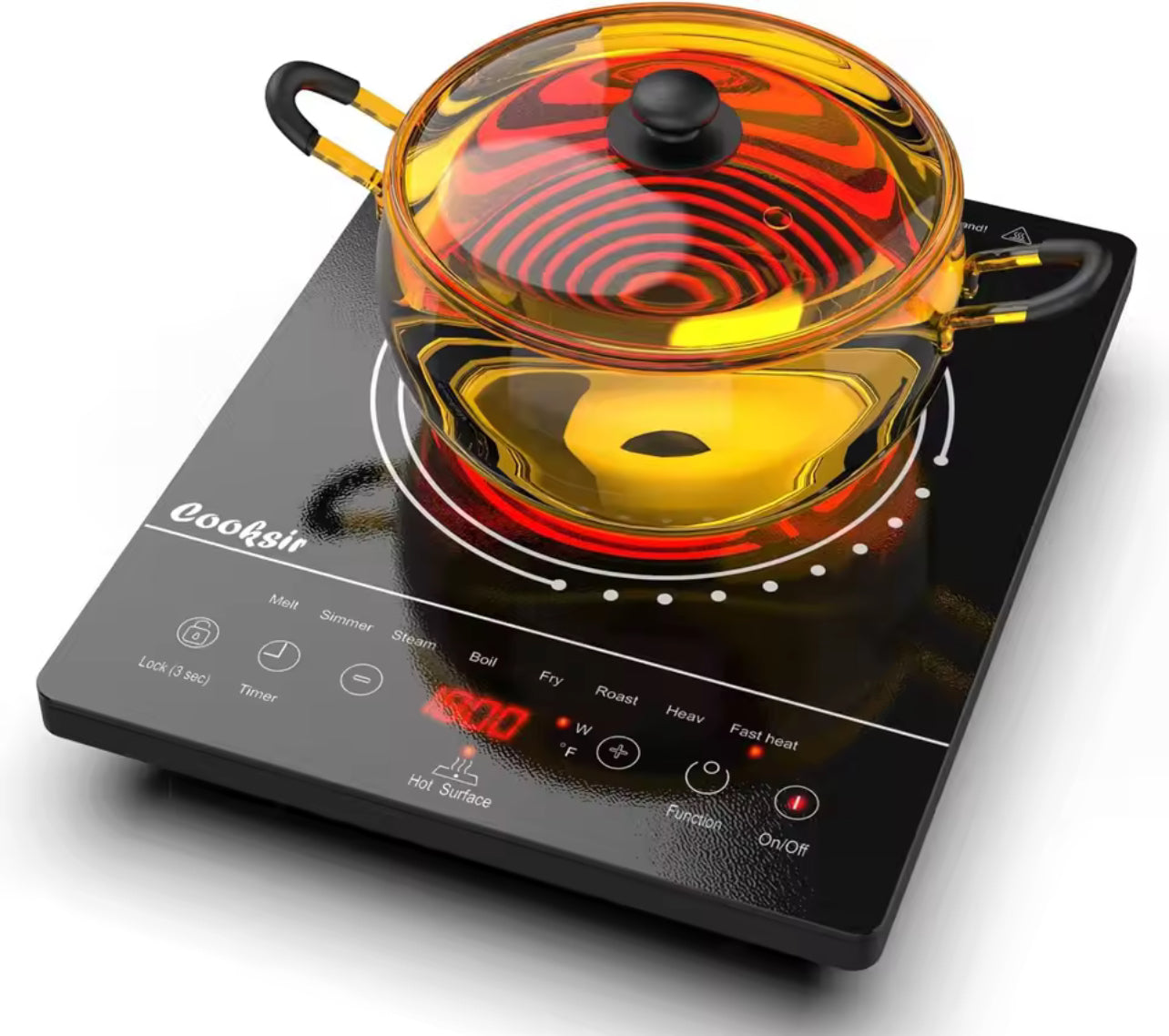 Cooksir Portable Single Electric Ceramic Hob – 2000W, LED Touch Screen, 4-Hour Timer, Safety Lock, Residual Heat Indicator