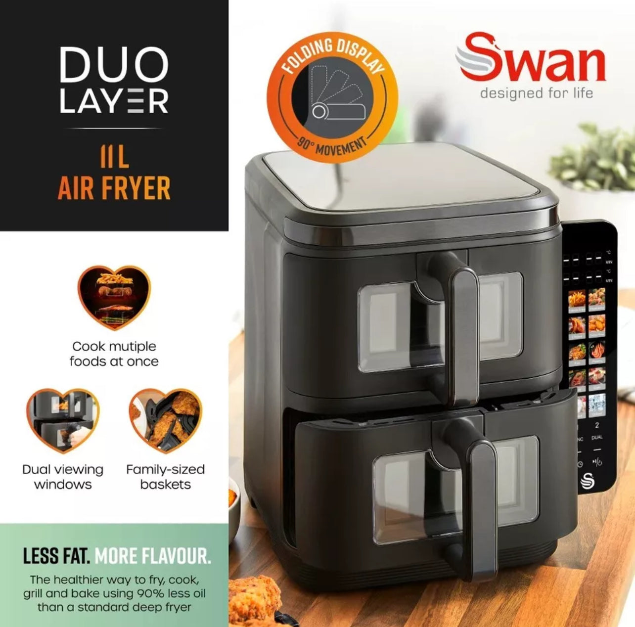 SWAN Twin Stack Air Fryer 11L 2 X 5.5L Baskets Space-Saving Design SD10522BLK