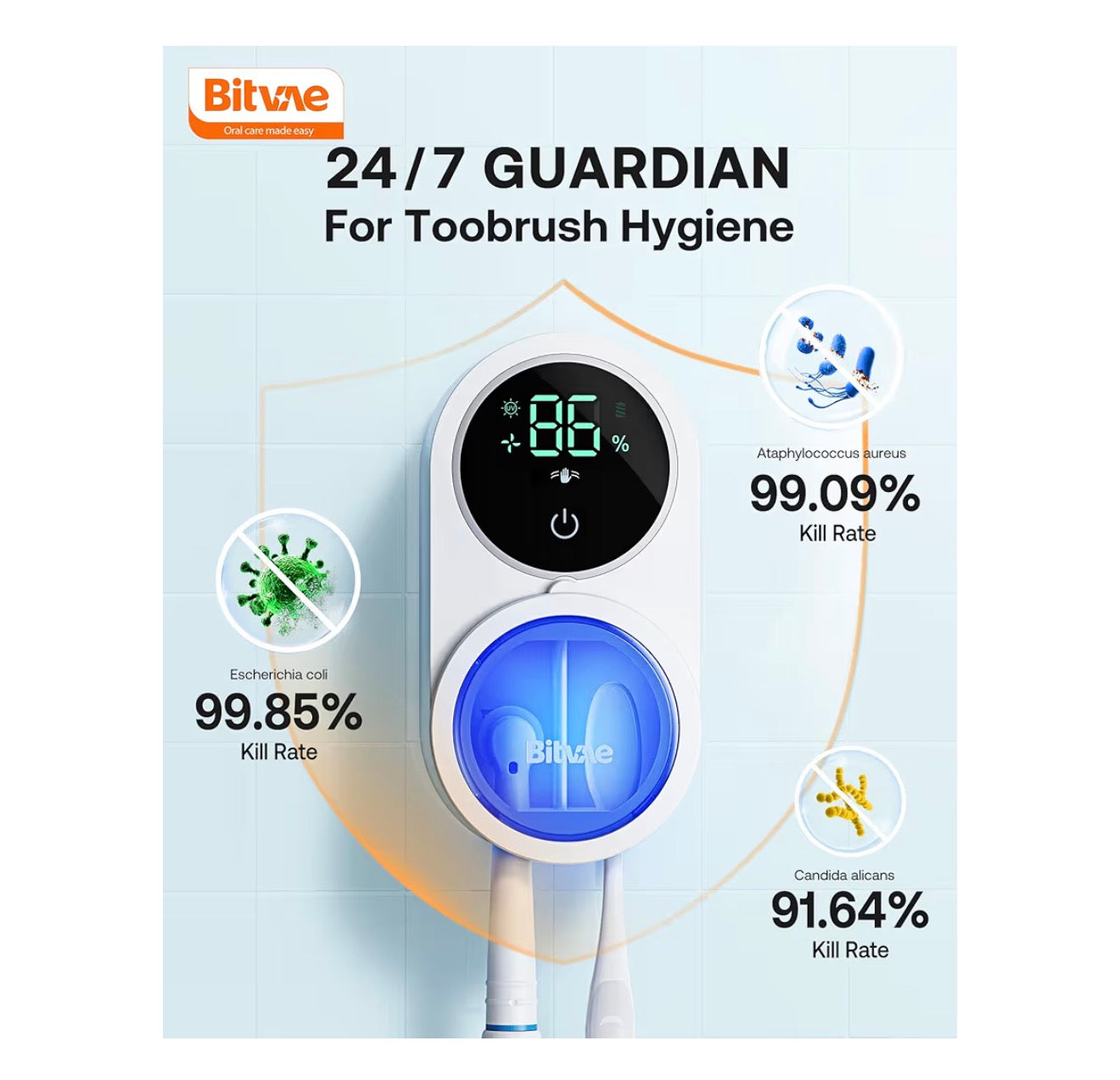 Bitvae Toothbrush Holder & Toothbrush Cleaner, Cleaning and Air Drying, LED Smart Screen, Rechargeable Wall Mount Toothbrush Holder for Bathrooms, White