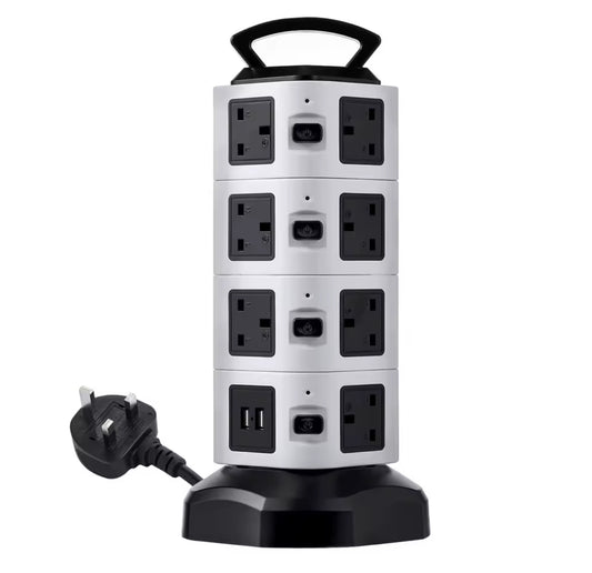 Vertical Power Strip Tower Socket – 7/11/15 Outlets, Surge Protector, UK Plug, 2 USB Ports, 2m Extension Cable