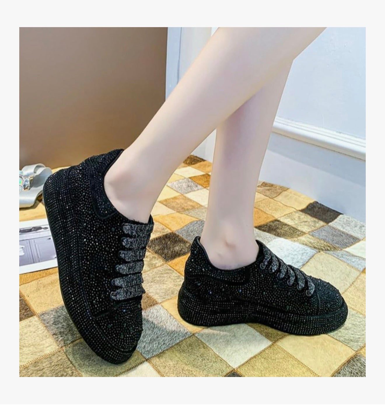 Ulalaza Women's Rhinestone Thick Shoes Sweet Bling Fashionable Casual Sports Comfortable for Wedding Party PU Platform Dress Shiny Tennis Sneakers