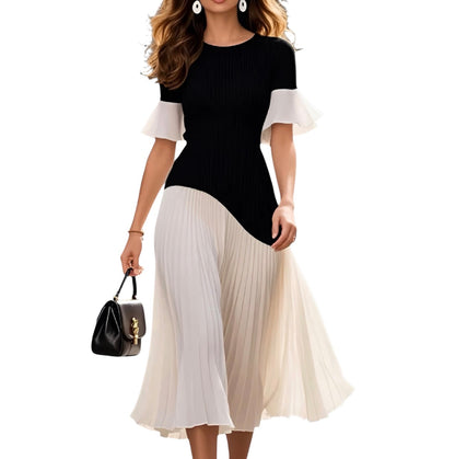 New Elegant High Street Midi Dress for Women – Flared Sleeves, High Waist, Pleated Design
