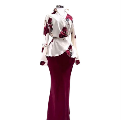Two Piece Sets Women Skirt Set Turn down Collar Print Floral Matching Sets Slim Fit Tight Waist Tops Long Skirts Y2K Streetwear