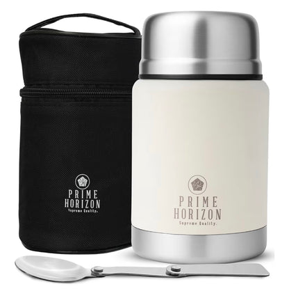 Prime Horizon Food Flask - 500ml Stainless Steel Vacuum Double Wall Jar with Folding Spoon, Leakproof and BPA Free. Free Insulated Travel Bag with Carabiner and Gift Box