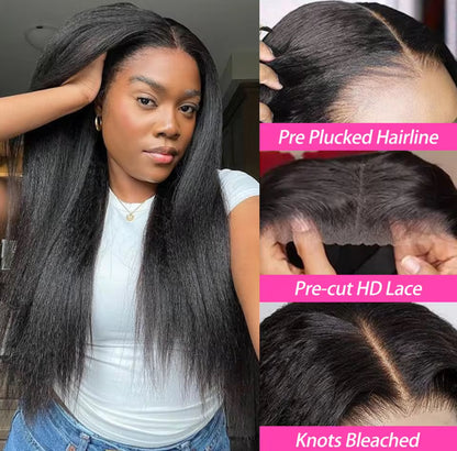 250% Density Kinky Straight Glueless Wig – 13x6 HD Lace Front, Yaki Straight, Human Hair, 30–36 Inch, Ready to Wear
