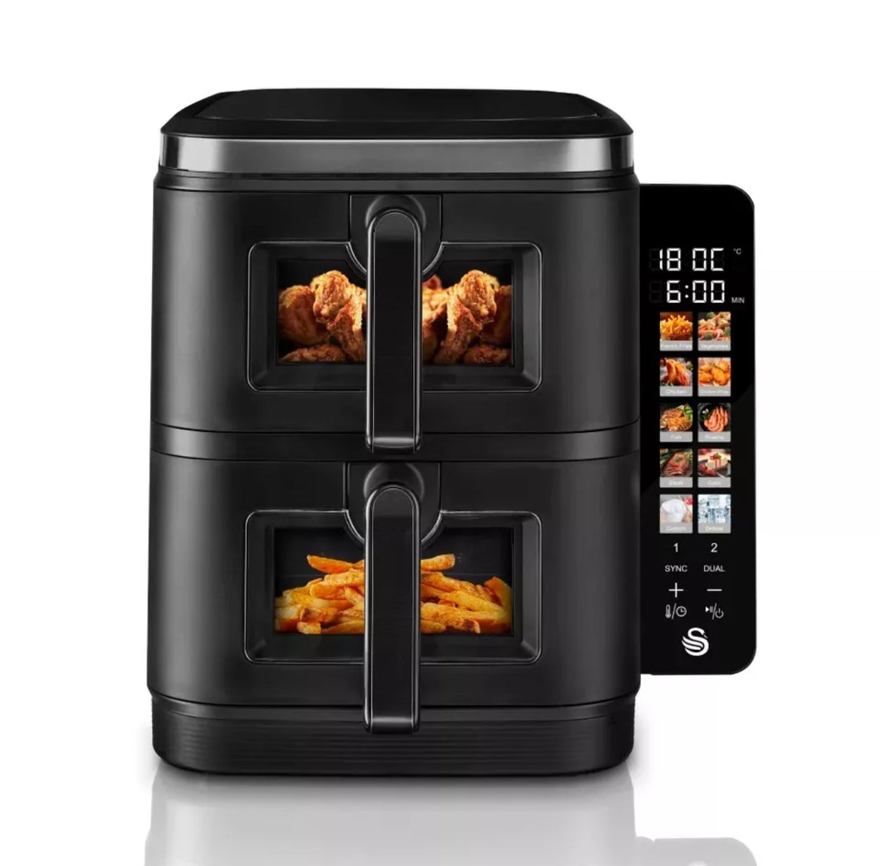 SWAN Twin Stack Air Fryer 11L 2 X 5.5L Baskets Space-Saving Design SD10522BLK