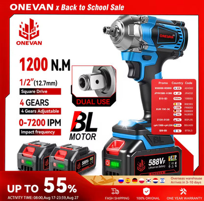 ONEVAN 1200N·m Brushless Electric Impact Wrench – 1/2 Inch Cordless Power Tool, Compatible with Makita 18V Battery