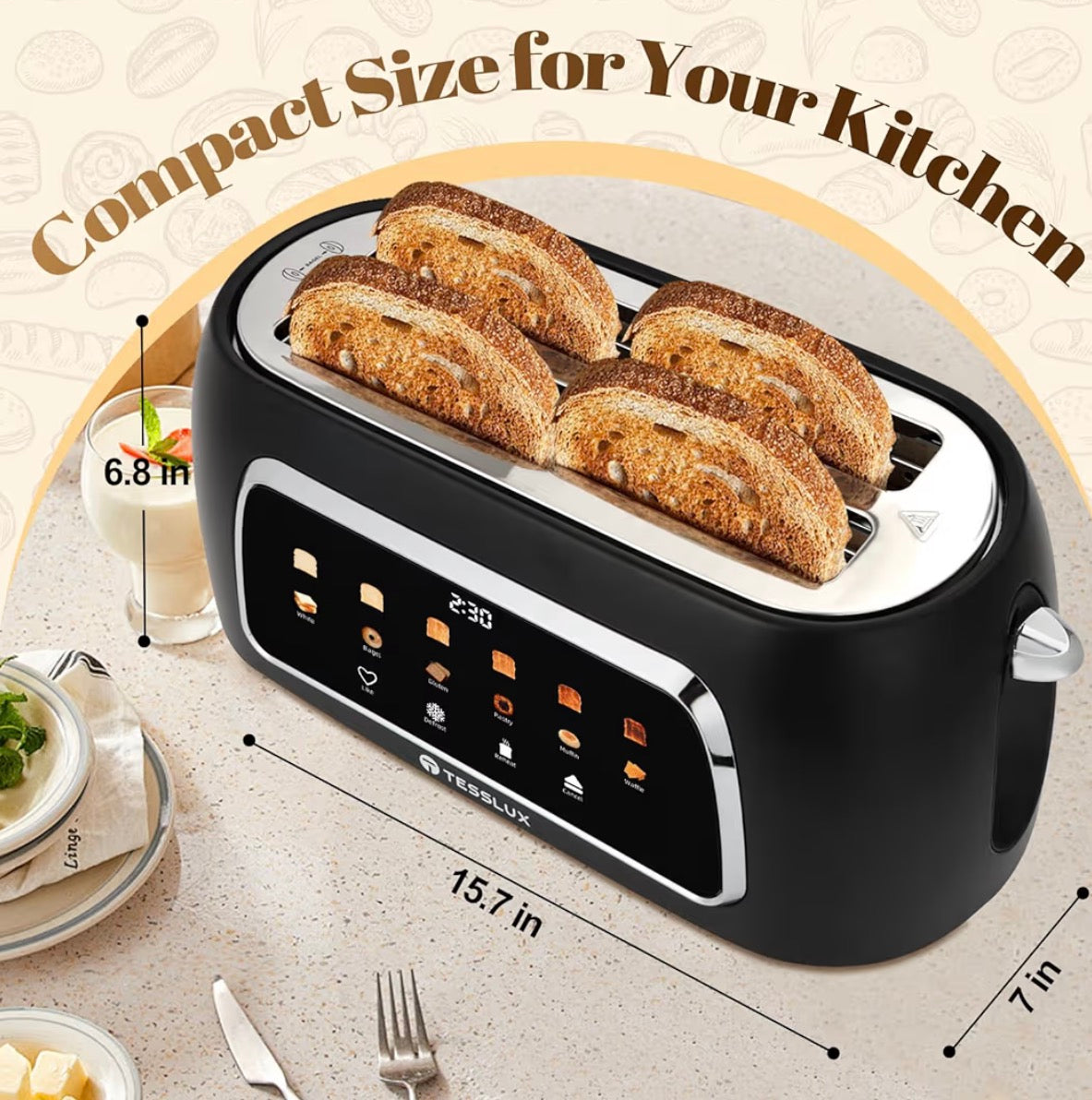 Tesslux 4 Slice Toaster with Touch Screen Control, 1.5" Wide Long Slots, 6 Browning Levels & 6 Bread Types, Digital Timer, Memory, Defrost, Reheat (Black)