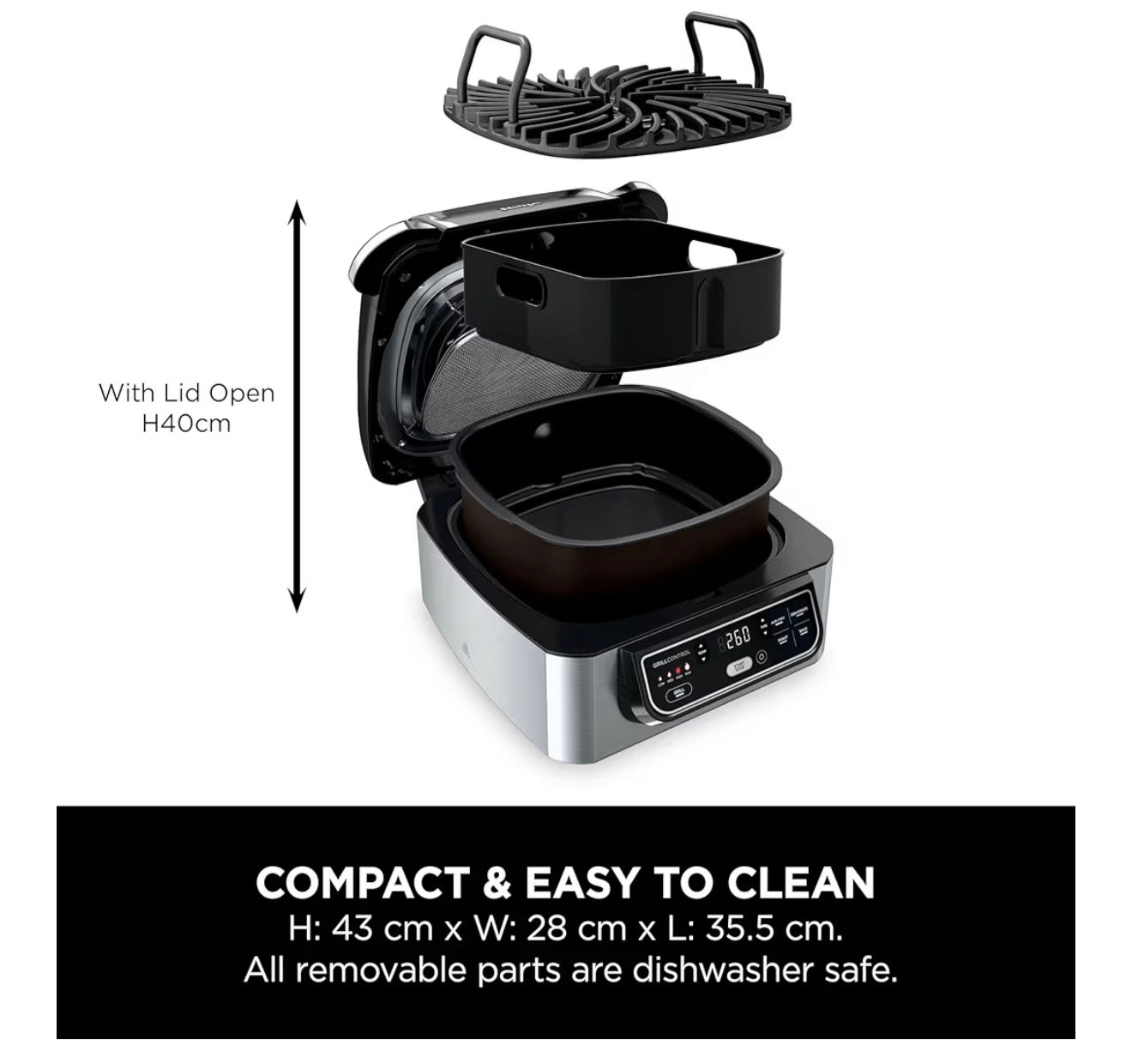 Foodi Health Grill & Air Fryer 5.7L with Cyclonic Air Technology, 5-in-1, Air Fry, Grill, Bake, Roast, Dehydrate, Dishwasher Safe Parts, Cleaning Brush, Black/Silver AG301UK