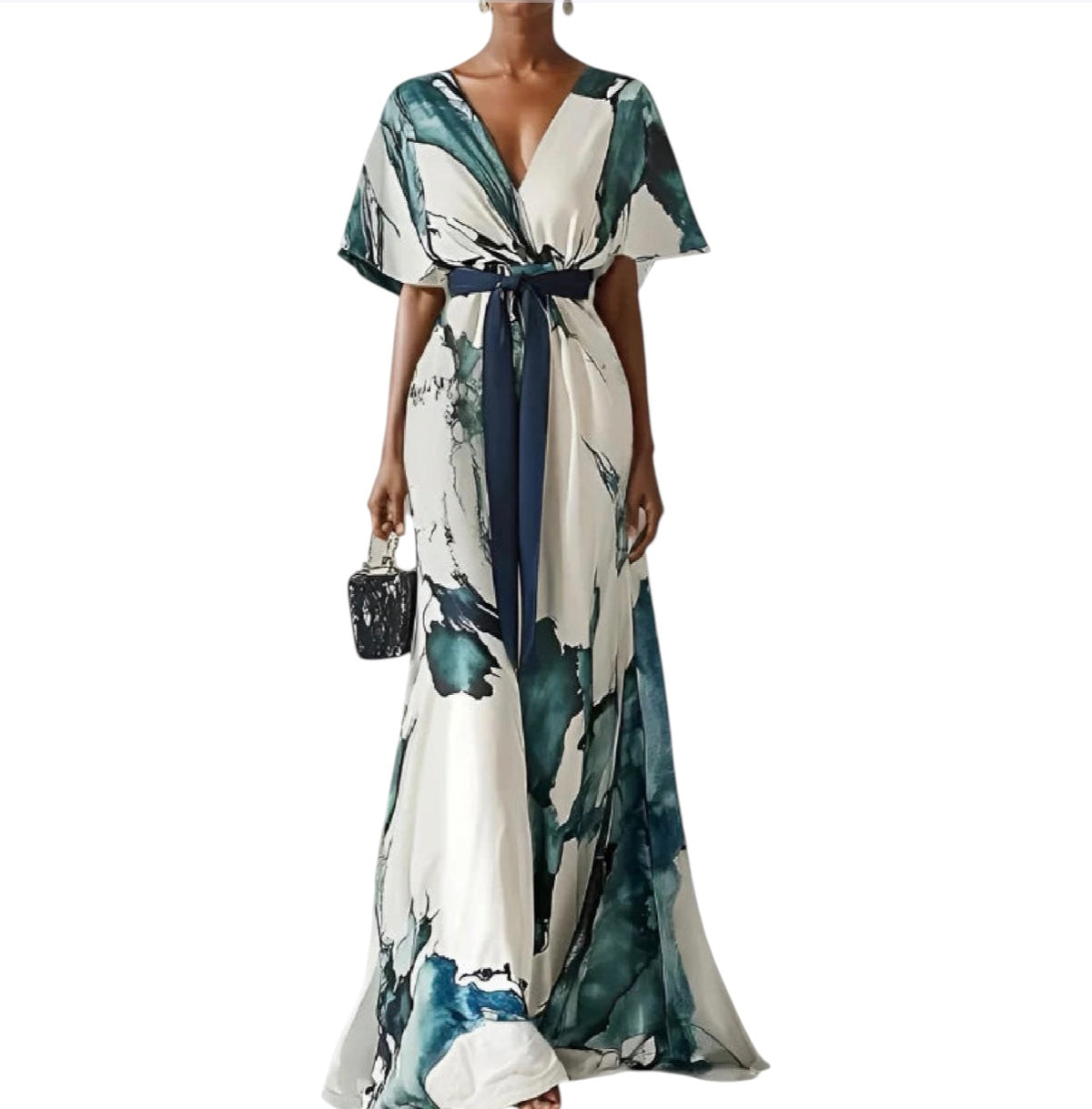 Freeacy 2025 Watercolor Maxi Dress – V-Neck Pleated Summer Elegance