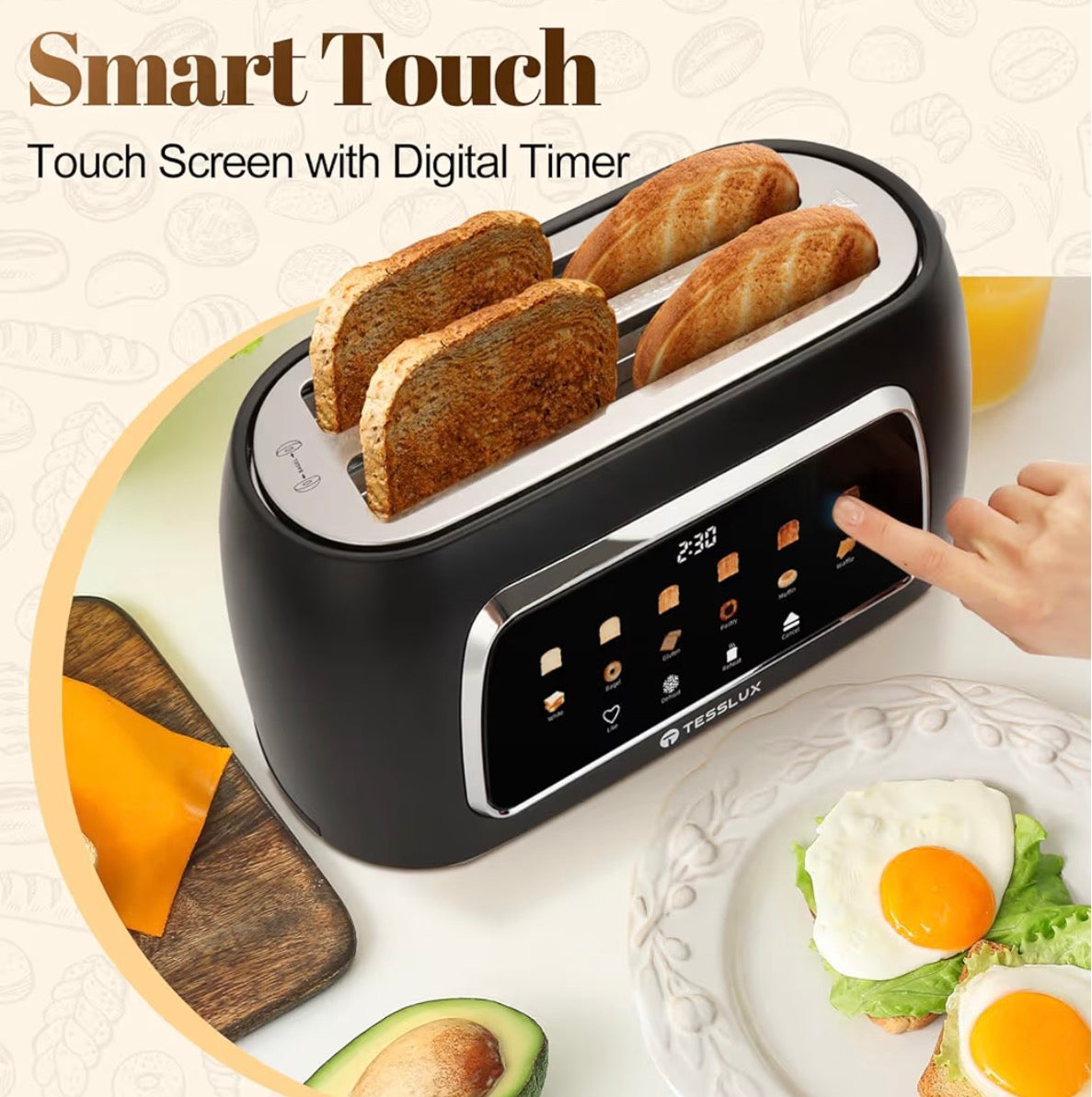 Tesslux 4 Slice Toaster with Touch Screen Control, 1.5" Wide Long Slots, 6 Browning Levels & 6 Bread Types, Digital Timer, Memory, Defrost, Reheat (Black)