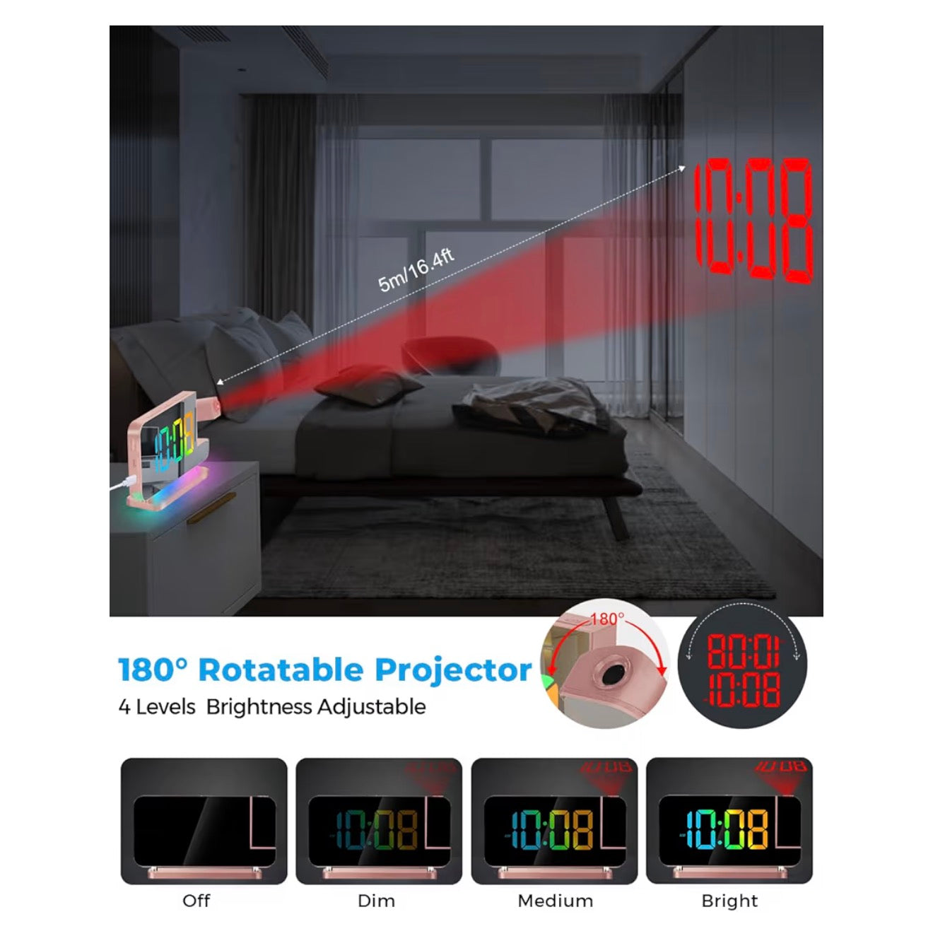 SZELAM Projection Alarm Clock,7.4 in LED Mirror Digital Clocks Projection on Ceiling Wall,with RGB Night Light,USB C Charging Port,Auto Dimming,Modern Desk Clock for Bedroom Decor - Rose Gold