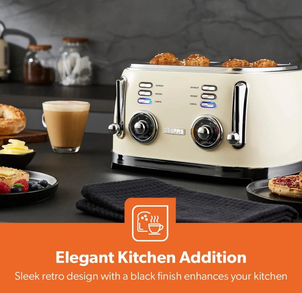 GEEPAS 4-Slice Bread Toaster – Retro Cream Design | 6 Browning Levels | 1500W Power
