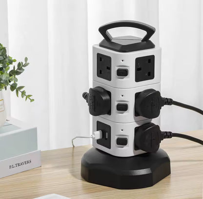 Vertical Power Strip Tower Socket – 7/11/15 Outlets, Surge Protector, UK Plug, 2 USB Ports, 2m Extension Cable