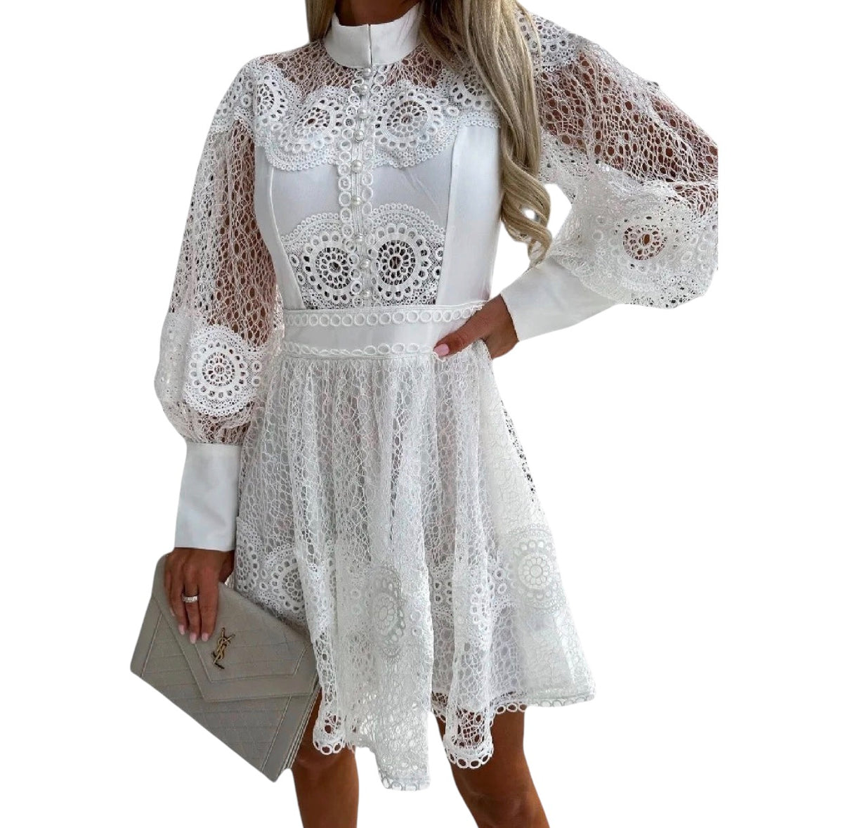 Summer White Embroidered Midi Dress – Elegant Long Sleeve Cut-Out Dress for Women