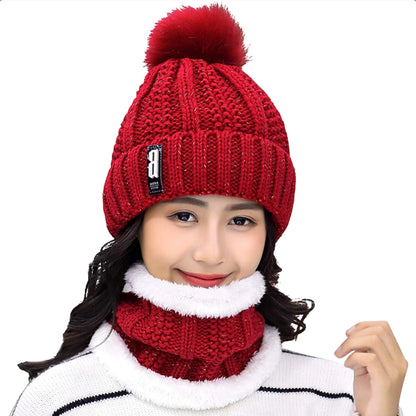 Womens Knit Scarf Beanie Hat 2PCS Set Fleece Lined Pom Skull Cap Scarves Soft Warm Winter Gift Set