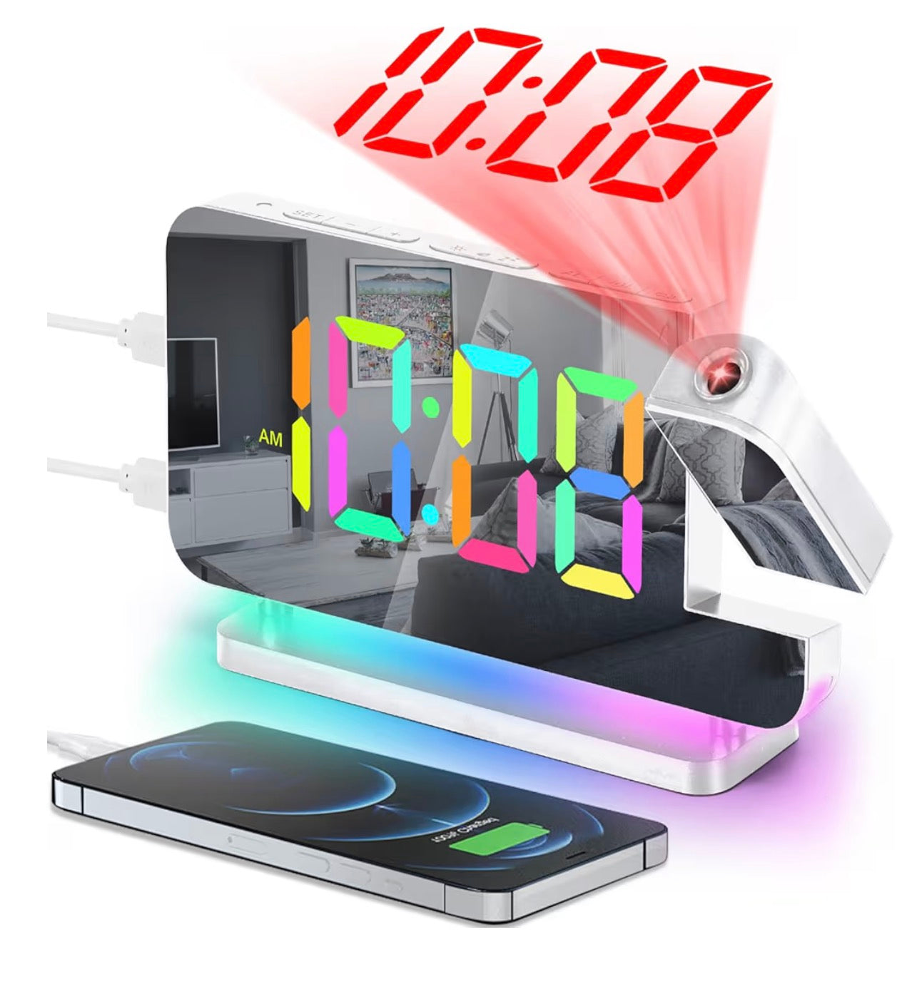 SZELAM Projection Alarm Clock,7.4 in LED Mirror Digital Clocks Projection on Ceiling Wall,with RGB Night Light,USB C Charging Port,Auto Dimming,Modern Desk Clock for Bedroom Decor - Rose Gold