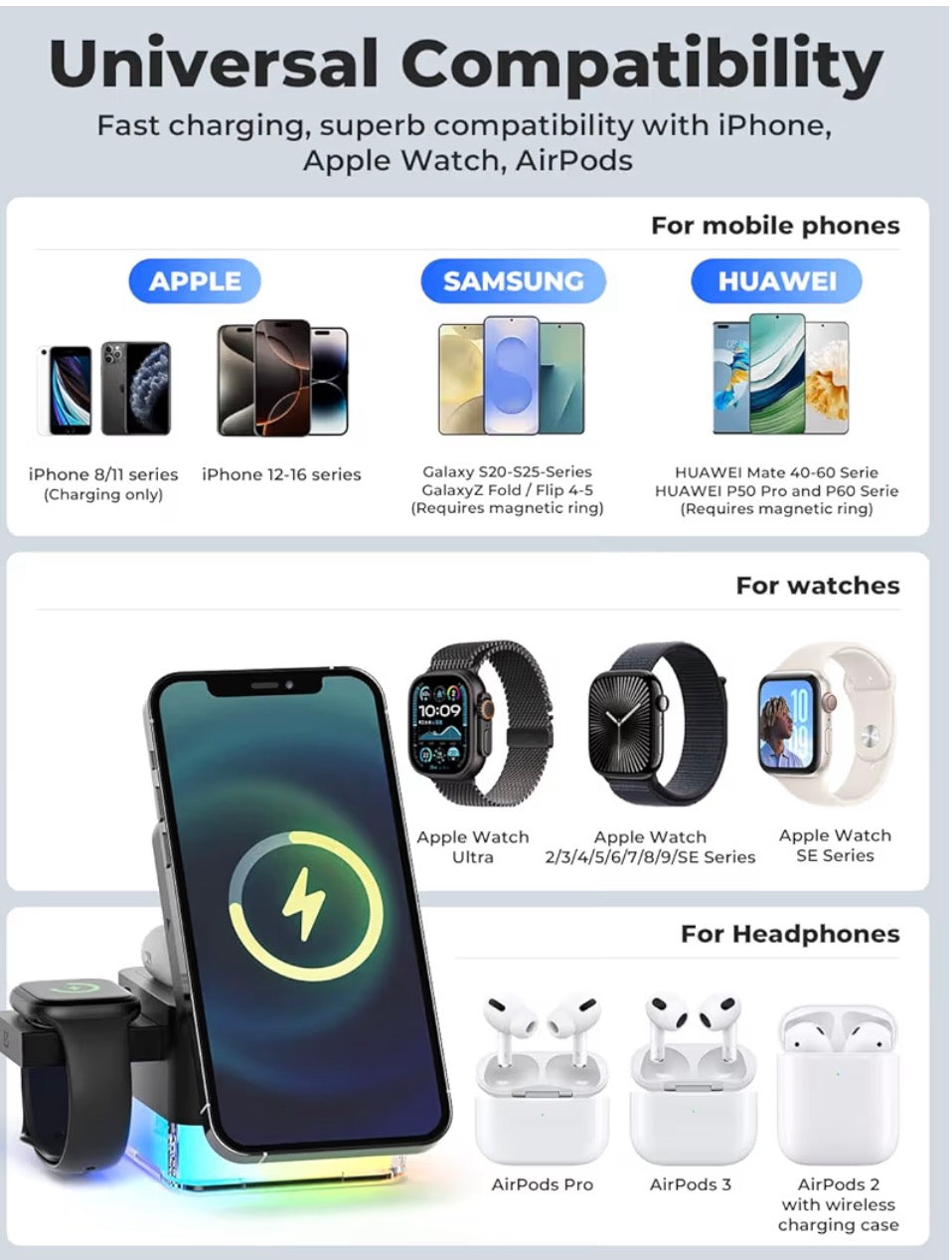 4 in 1 Wireless Charging Station for Apple with Night Light, Foldable 3 in 1 Iphone/Watch/AirPods Charger Stand 15W (6.8 * 6.8 * 6.8cm)