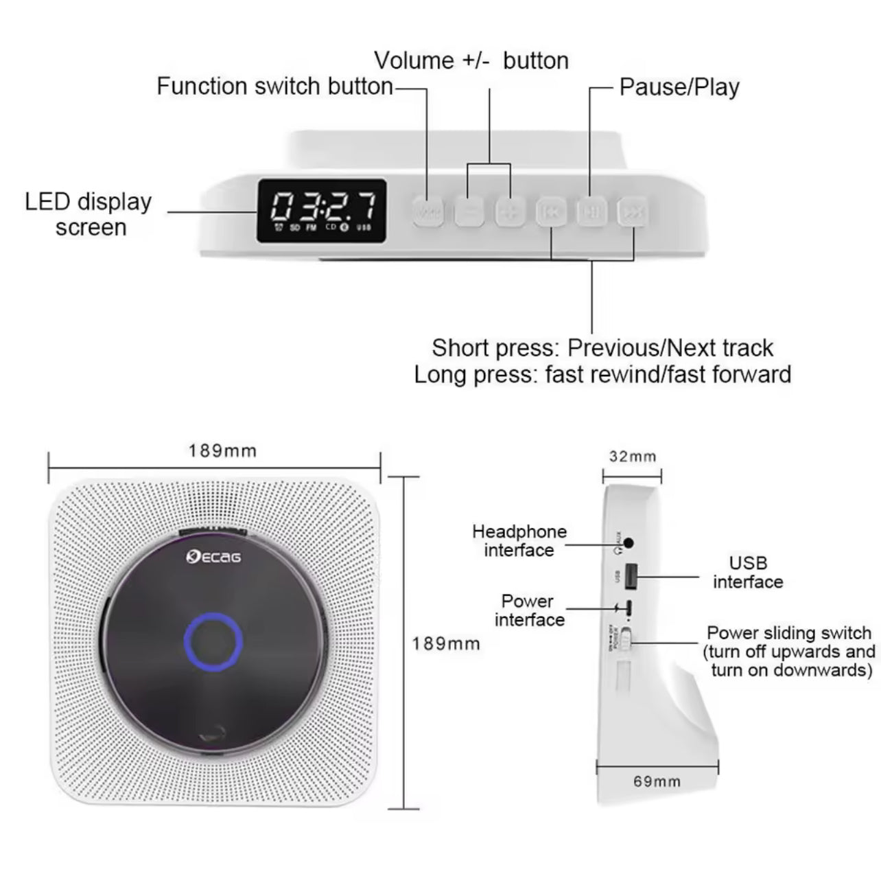 Rechargeable Bluetooth Portable CD Player – Personal Music Player for Car and Home, UK Version