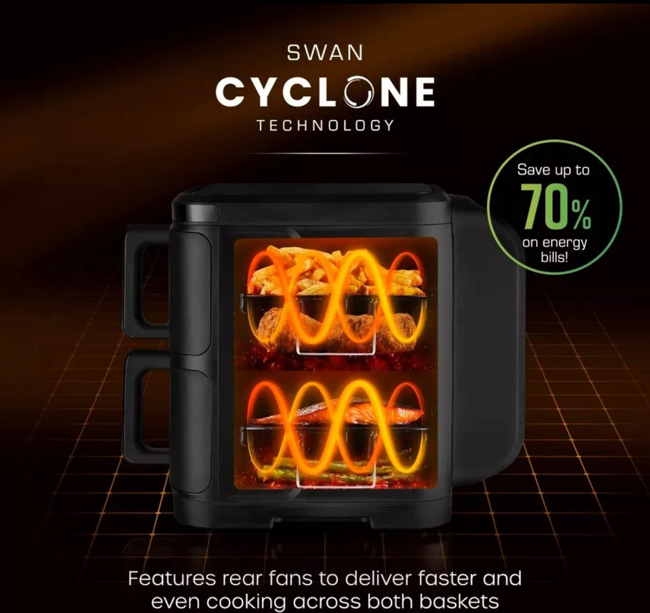 SWAN Twin Stack Air Fryer 11L 2 X 5.5L Baskets Space-Saving Design SD10522BLK