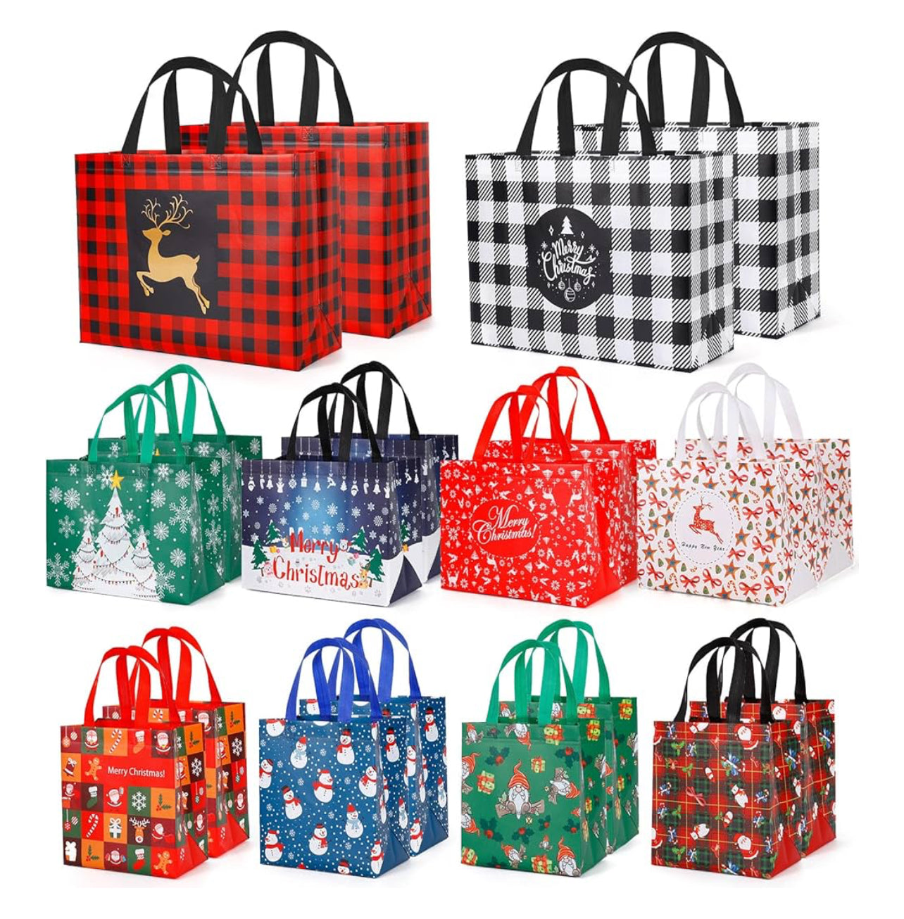 YANGTE 20 Pack Christmas Bags Assorted Sizes, Reusable Non-Woven Christmas Tote Bags with Handle, Perfect for Gift Wrap/Party Favor Supplies (4 Extra Large 8 Large 8 Medium)