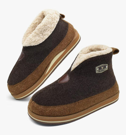 KuaiLu Mens Felt Winter Warm Boot Slippers Cosy Memory Foam Fleece Lined Bootie Slippers with Comfy Arch Support House Shoes Non-Slip Indoor Outdoor Hard Sole