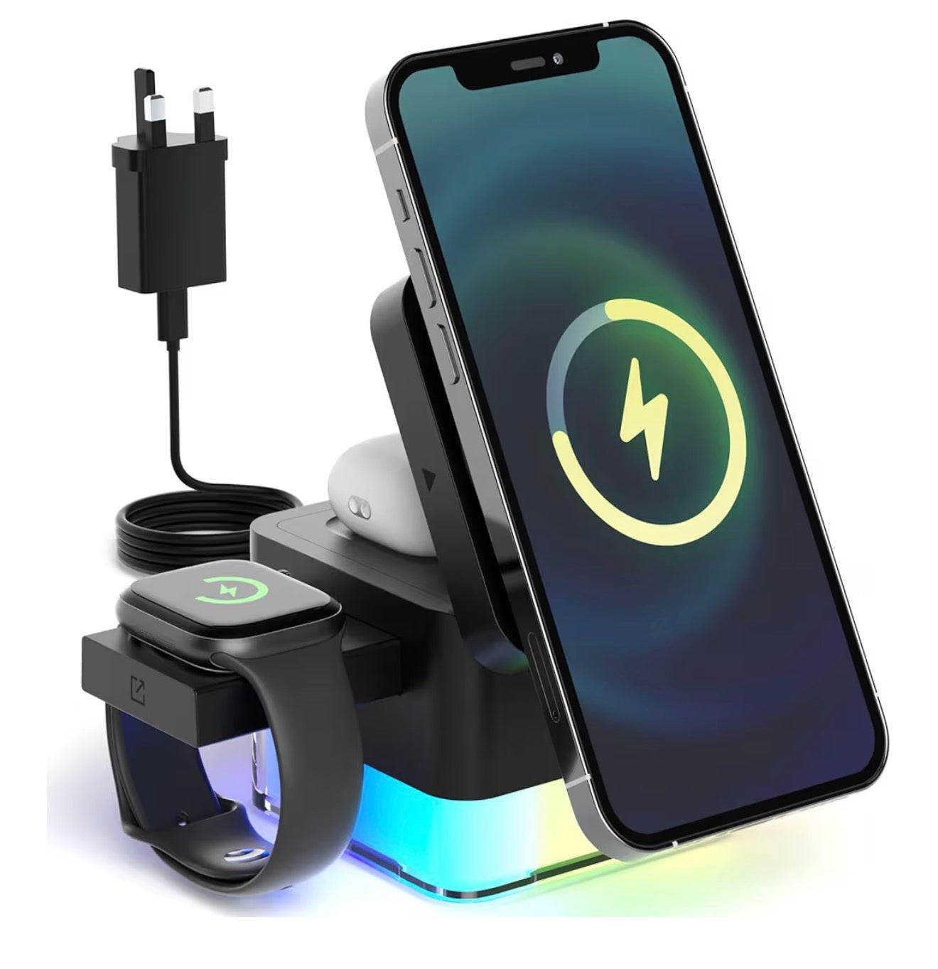 4 in 1 Wireless Charging Station for Apple with Night Light, Foldable 3 in 1 Iphone/Watch/AirPods Charger Stand 15W (6.8 * 6.8 * 6.8cm)