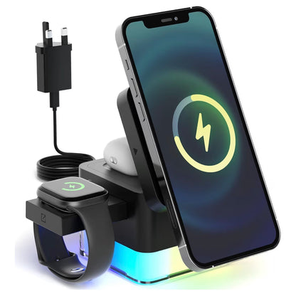 4 in 1 Wireless Charging Station for Apple with Night Light, Foldable 3 in 1 Iphone/Watch/AirPods Charger Stand 15W (6.8 * 6.8 * 6.8cm)