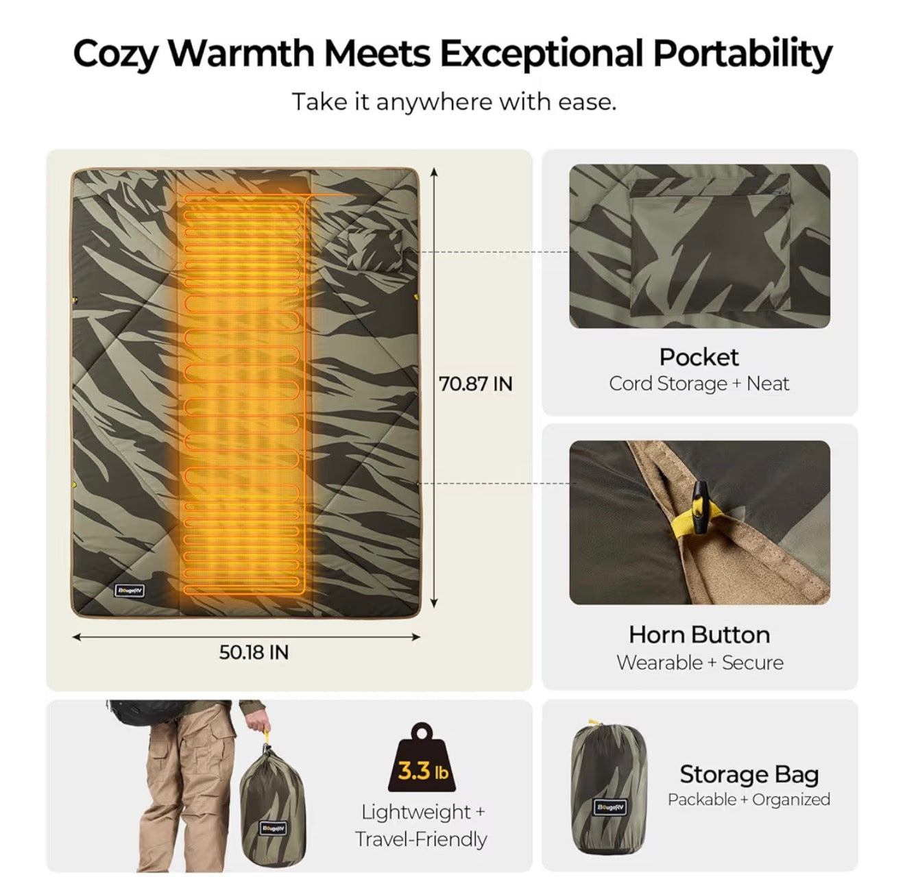 BougeRV 12V Heated Blanket, Electric Car Blanket, 5 Heat Levels, Auto Shutoff, APP Control, 180*130cm, Waterproof, Portable Heated Throw for Truck, SUV, Camping & Travel, Blue (Battery Not Included)