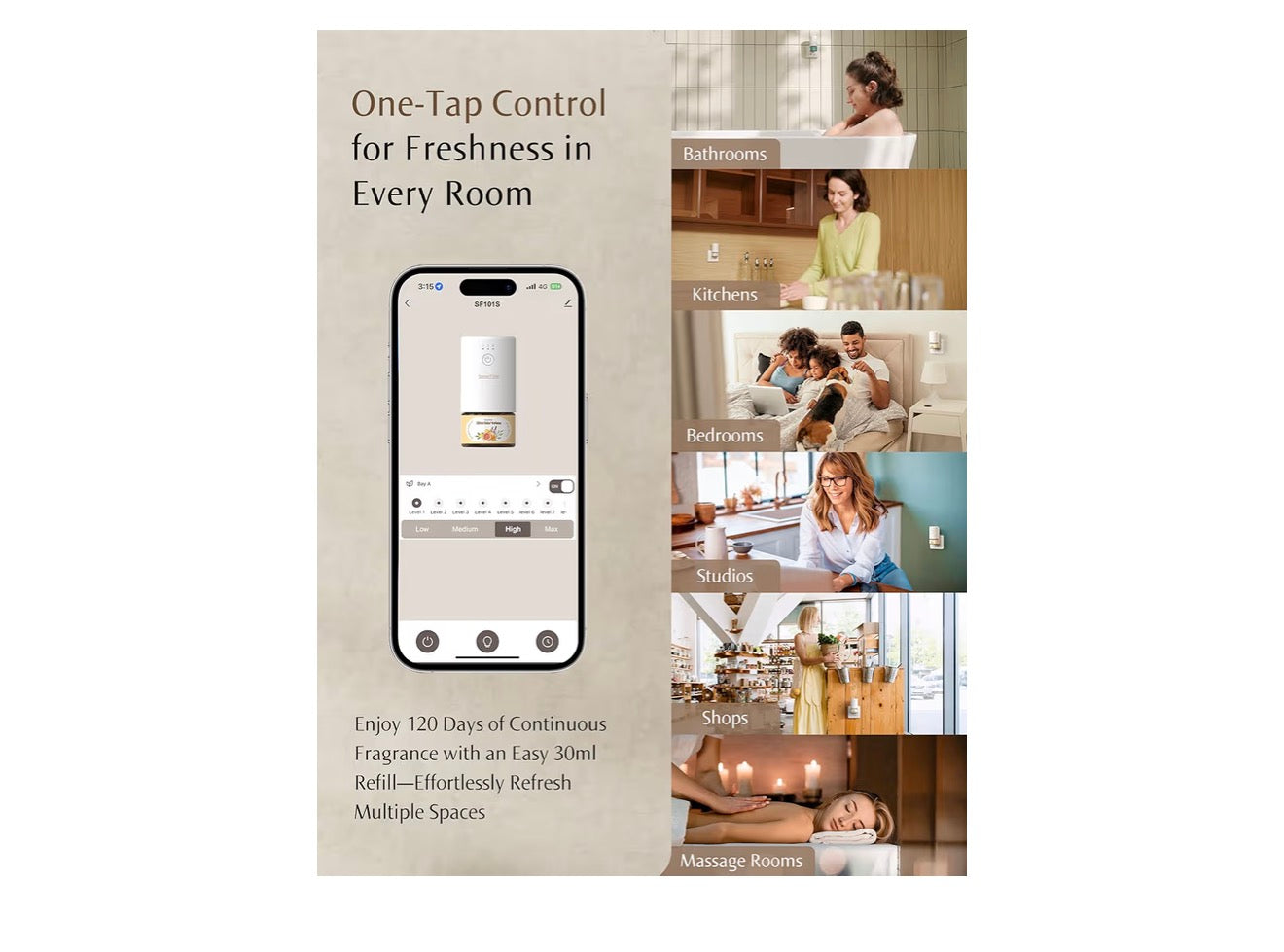 Essential Oil Diffuser Waterless Ultrasonic Smart Wi-Fi SF101S - 100% Plant-Based, LED Light, Adjustable Modes, 100㎡ Covers, 120-Day Scent - Air Freshener & Aromatherapy