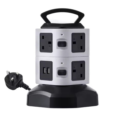 Vertical Power Strip Tower Socket – 7/11/15 Outlets, Surge Protector, UK Plug, 2 USB Ports, 2m Extension Cable