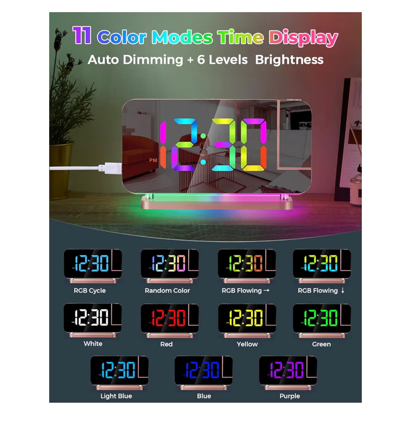 SZELAM Projection Alarm Clock,7.4 in LED Mirror Digital Clocks Projection on Ceiling Wall,with RGB Night Light,USB C Charging Port,Auto Dimming,Modern Desk Clock for Bedroom Decor - Rose Gold