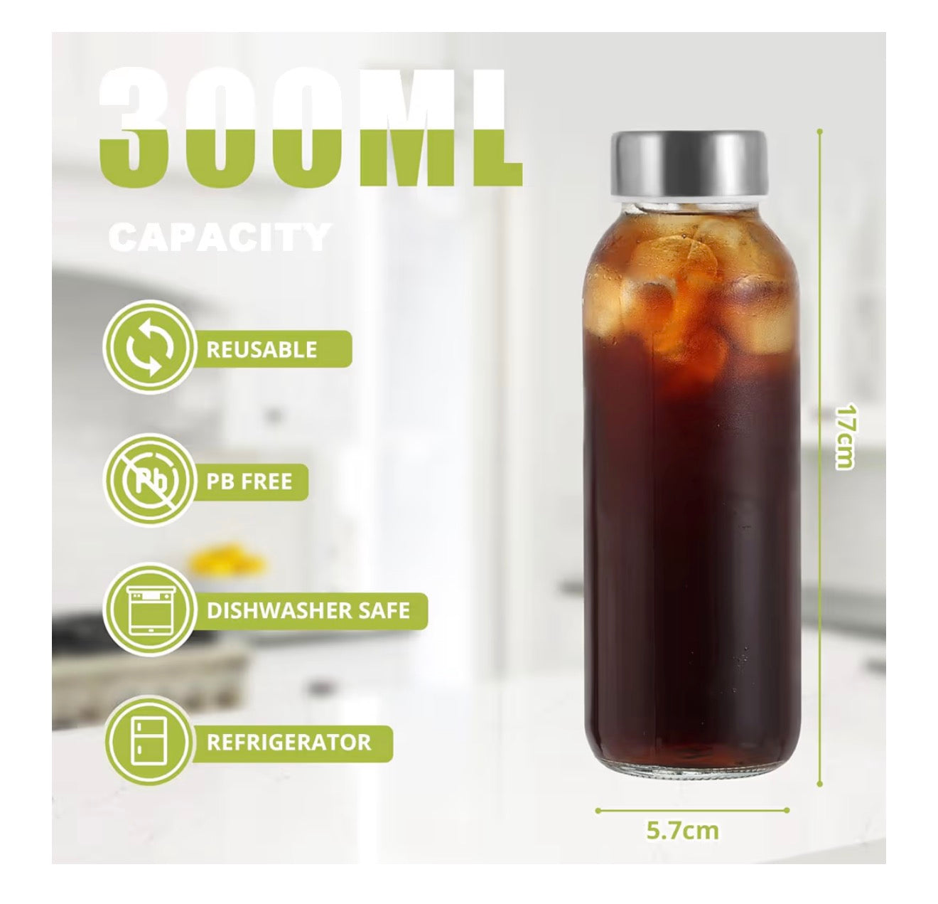 Glass Bottles With Stainless Steel Lids, 300/350/750/1000ML Water Bottles, Leak Proof Reusable Drinking Bottles for Hot Cold Drinks, Work, Gym, Home