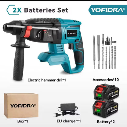 YOFIDRA 26mm Brushless Electric Hammer Drill – Cordless Multifunctional Rotary Tool, Rechargeable, Compatible with Makita Batteries