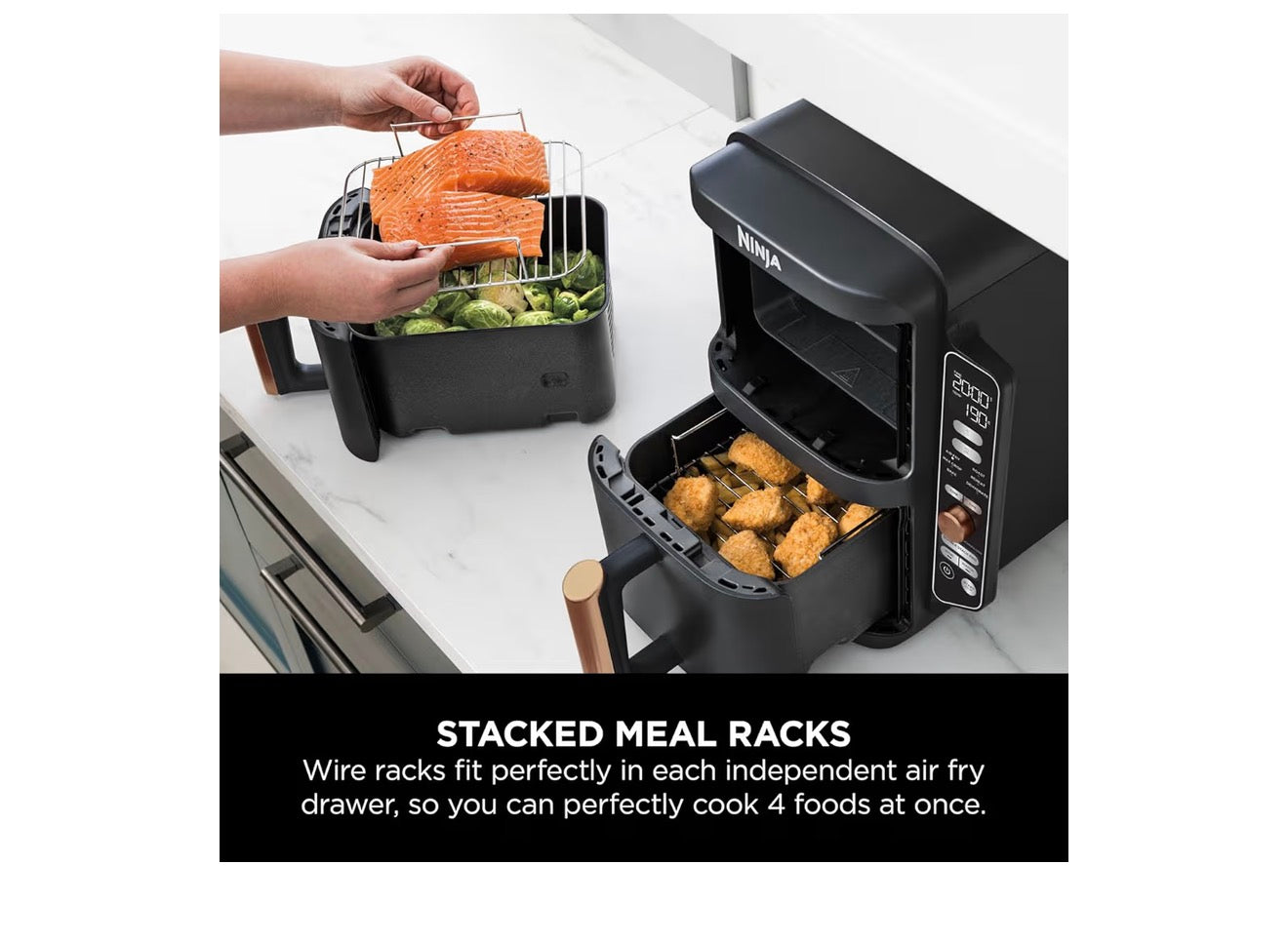 Double Stack XL Air Fryer, Vertical Dual Drawer Air Fryer with 4 cooking levels, 2 Drawers & 2 Racks, Space Saving Design, 9.5L Capacity, 6 Cooking Functions, 8 Portions, Copper Black SL400UKCP