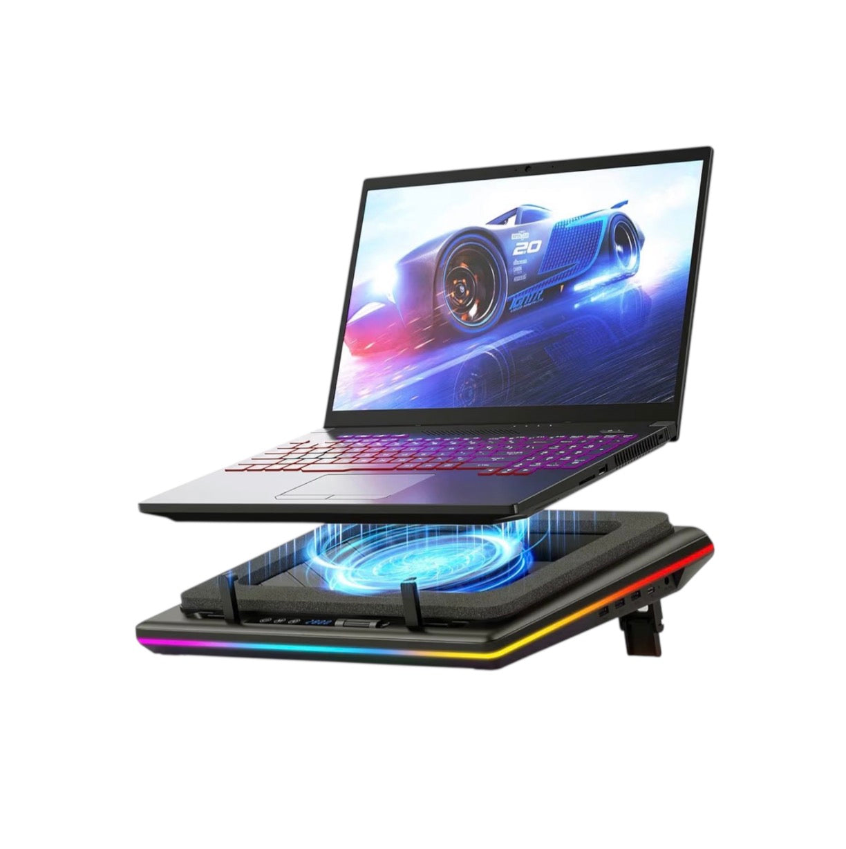 llano RGB Laptop Cooling Pad with Powerful Turbofan Gaming Cooler Radiator with Infinitely Variable Speed, Touch Control, LCD Screen, 3-Port USB Hub, Seal Foam for Notebook Computer 15-19in