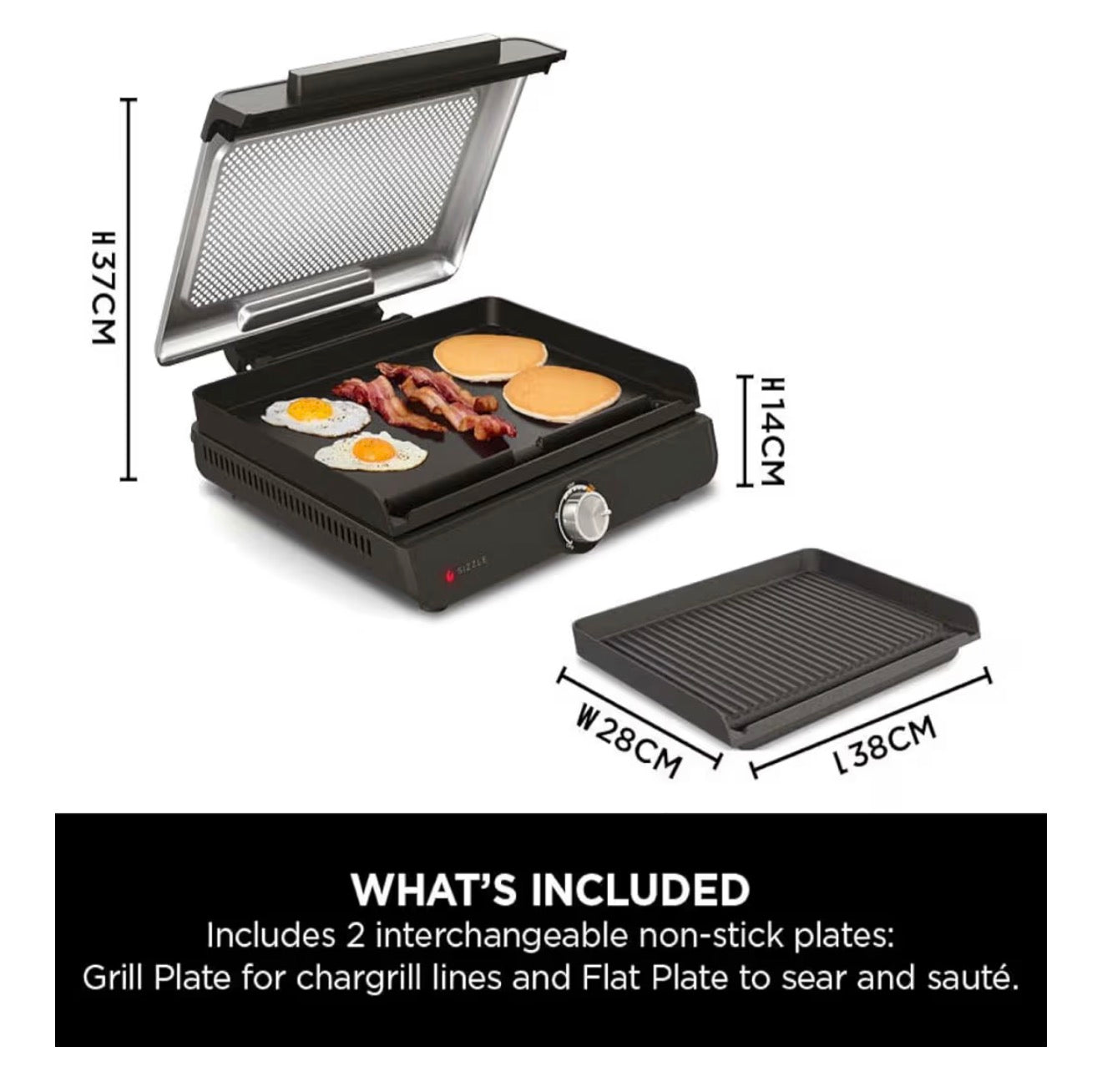 Sizzle Low Smoke Electric Indoor Grill & Flat Plate, 1460W, with Non-Stick Grill Plate & Flat Top Plate, Detachable Dishwasher Safe Lid, Grease Catch & Recipe Guide, Grey GR101UK